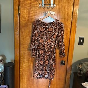 Loft shirt dress navy and orange pattern size medium tie waist roll tab sleeve